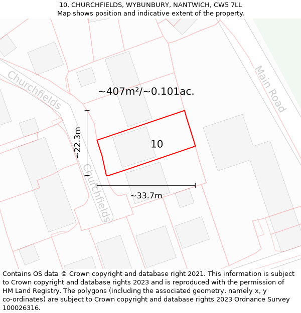 10, CHURCHFIELDS, WYBUNBURY, NANTWICH, CW5 7LL: Plot and title map