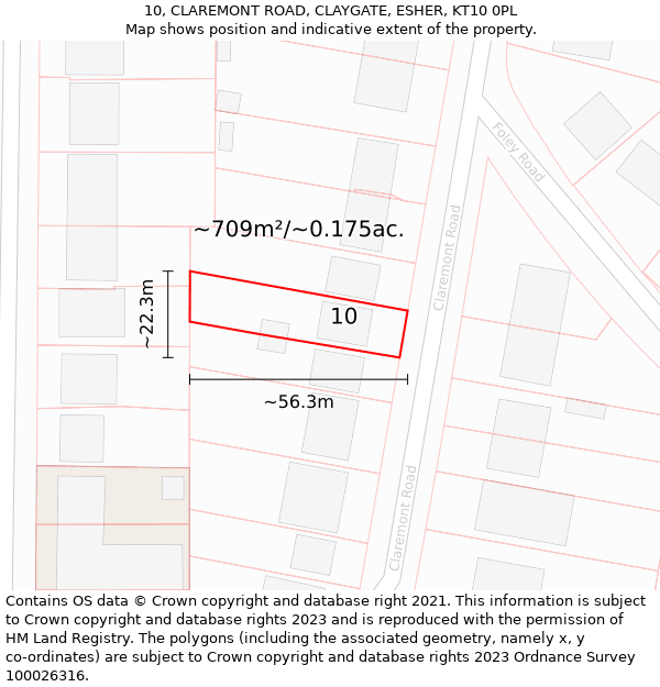 10, CLAREMONT ROAD, CLAYGATE, ESHER, KT10 0PL: Plot and title map