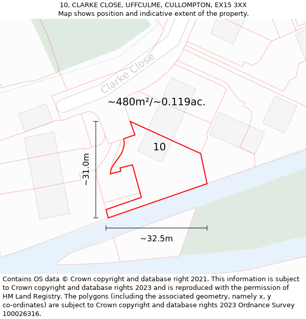 10, CLARKE CLOSE, UFFCULME, CULLOMPTON, EX15 3XX: Plot and title map
