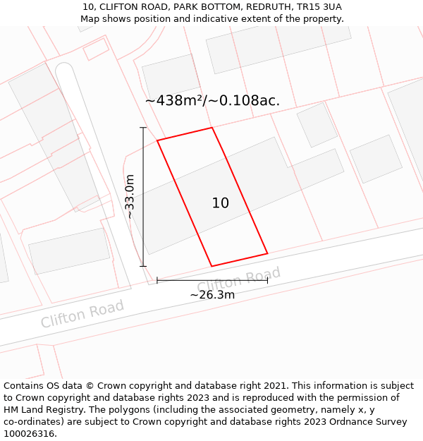 10, CLIFTON ROAD, PARK BOTTOM, REDRUTH, TR15 3UA: Plot and title map
