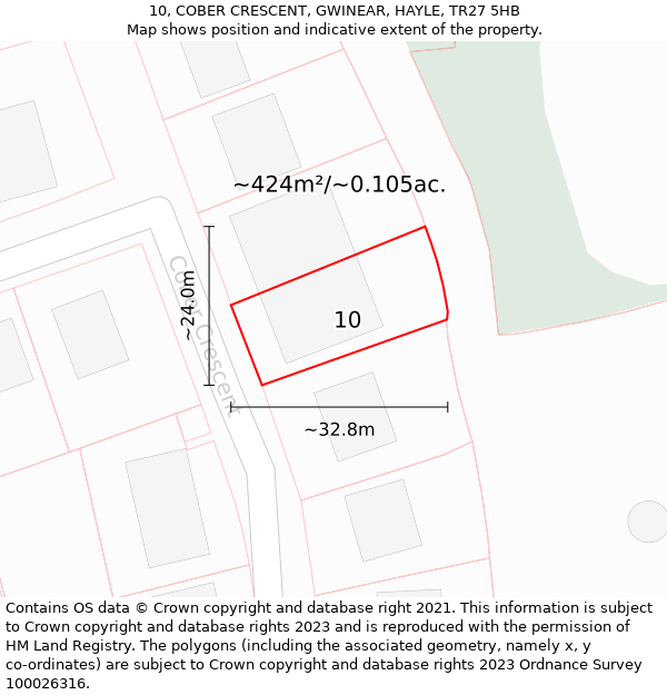 10, COBER CRESCENT, GWINEAR, HAYLE, TR27 5HB: Plot and title map