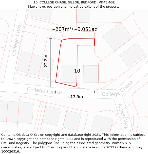 10, COLLEGE CHASE, SILSOE, BEDFORD, MK45 4GE: Plot and title map