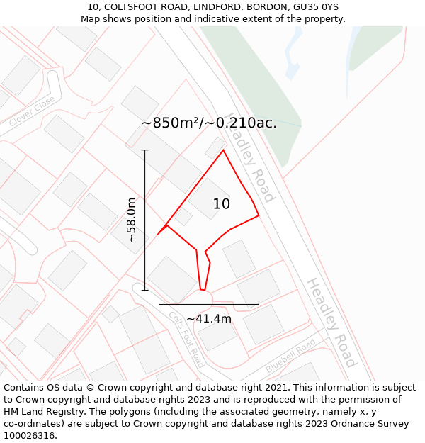 10, COLTSFOOT ROAD, LINDFORD, BORDON, GU35 0YS: Plot and title map