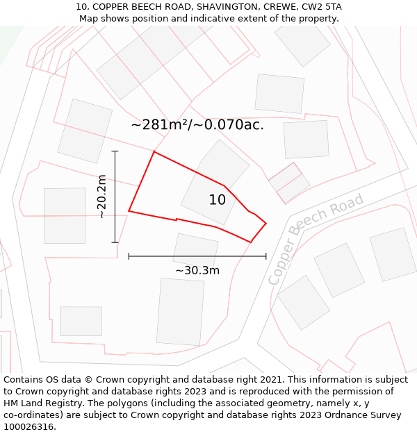 10, COPPER BEECH ROAD, SHAVINGTON, CREWE, CW2 5TA: Plot and title map