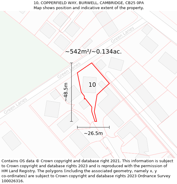 10, COPPERFIELD WAY, BURWELL, CAMBRIDGE, CB25 0PA: Plot and title map