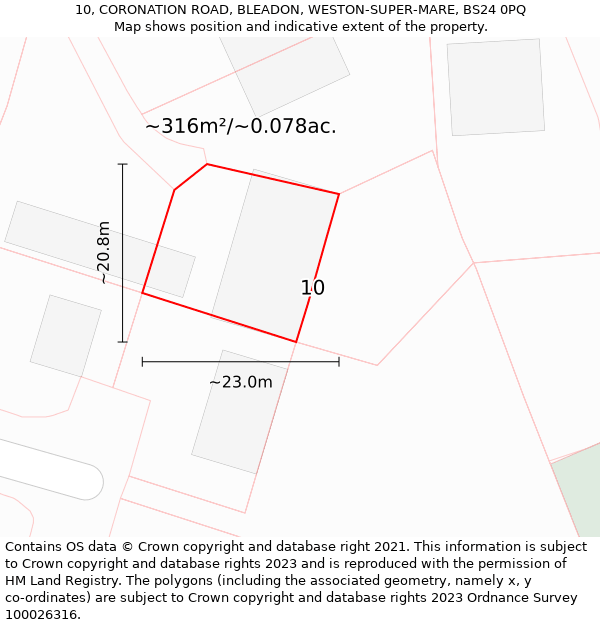 10, CORONATION ROAD, BLEADON, WESTON-SUPER-MARE, BS24 0PQ: Plot and title map