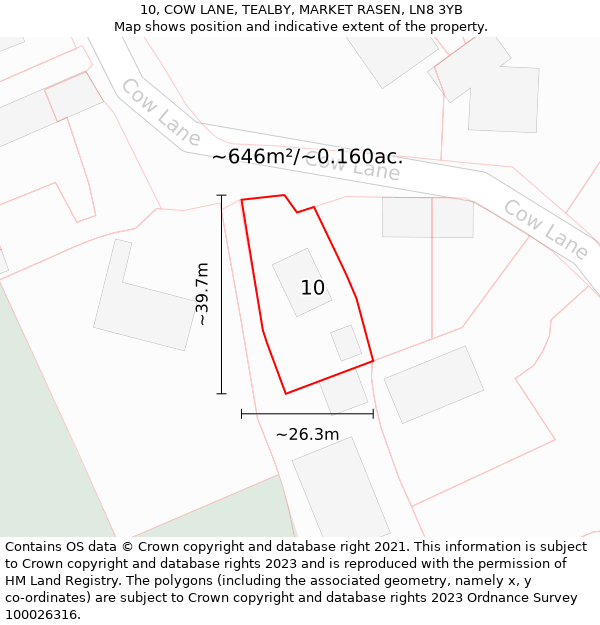 10, COW LANE, TEALBY, MARKET RASEN, LN8 3YB: Plot and title map