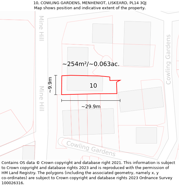 10, COWLING GARDENS, MENHENIOT, LISKEARD, PL14 3QJ: Plot and title map