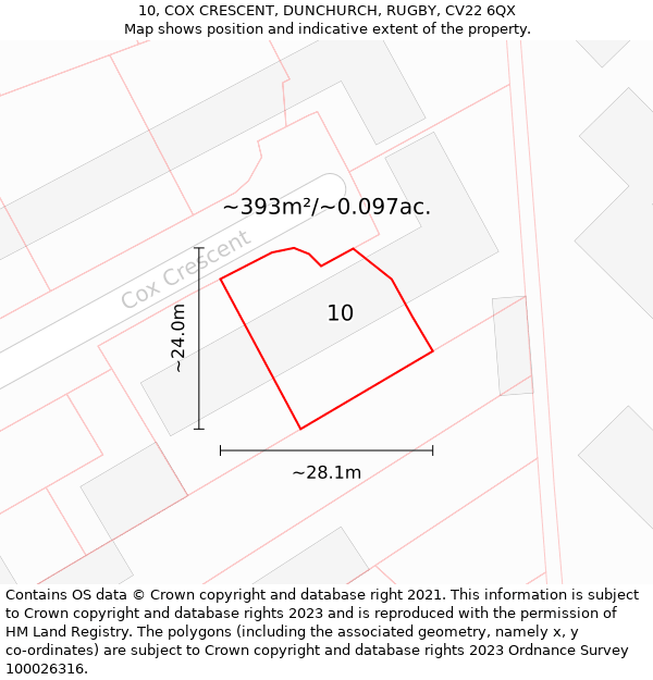 10, COX CRESCENT, DUNCHURCH, RUGBY, CV22 6QX: Plot and title map