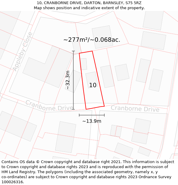 10, CRANBORNE DRIVE, DARTON, BARNSLEY, S75 5RZ: Plot and title map