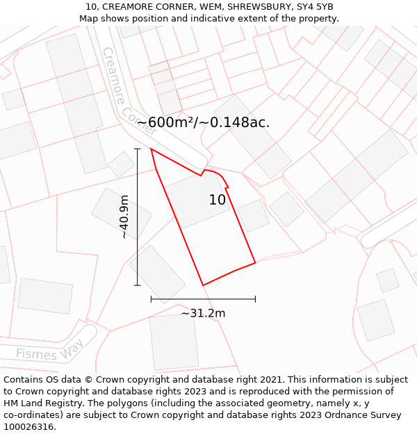 10, CREAMORE CORNER, WEM, SHREWSBURY, SY4 5YB: Plot and title map
