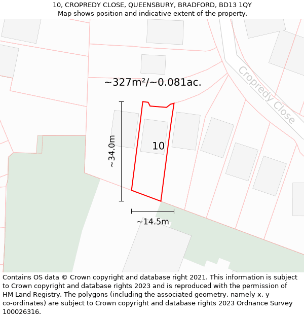 10, CROPREDY CLOSE, QUEENSBURY, BRADFORD, BD13 1QY: Plot and title map