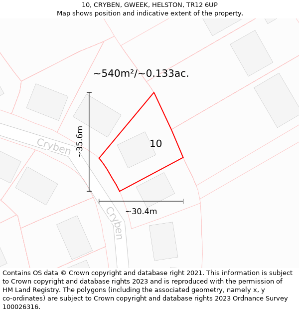 10, CRYBEN, GWEEK, HELSTON, TR12 6UP: Plot and title map