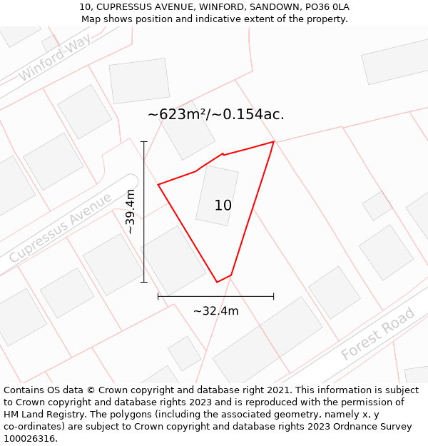 10, CUPRESSUS AVENUE, WINFORD, SANDOWN, PO36 0LA: Plot and title map