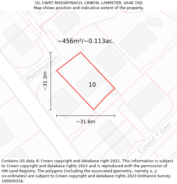 10, CWRT MAESMYNACH, CRIBYN, LAMPETER, SA48 7AD: Plot and title map