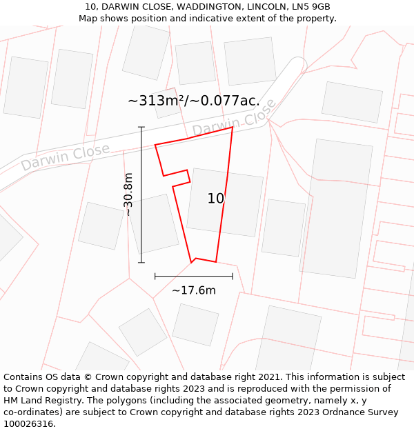 10, DARWIN CLOSE, WADDINGTON, LINCOLN, LN5 9GB: Plot and title map