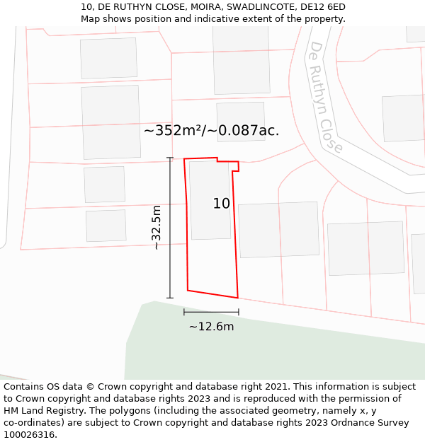 10, DE RUTHYN CLOSE, MOIRA, SWADLINCOTE, DE12 6ED: Plot and title map