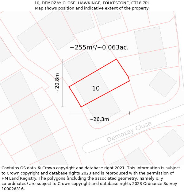 10, DEMOZAY CLOSE, HAWKINGE, FOLKESTONE, CT18 7PL: Plot and title map