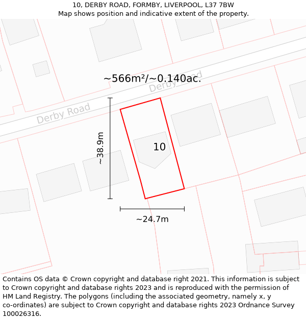 10, DERBY ROAD, FORMBY, LIVERPOOL, L37 7BW: Plot and title map