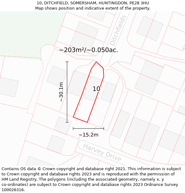 10, DITCHFIELD, SOMERSHAM, HUNTINGDON, PE28 3HU: Plot and title map