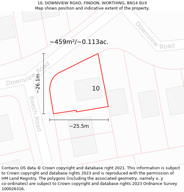 10, DOWNVIEW ROAD, FINDON, WORTHING, BN14 0UX: Plot and title map