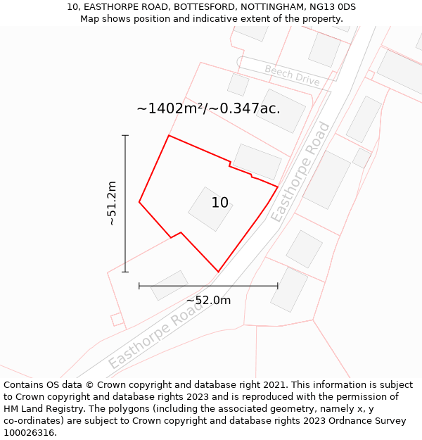 10, EASTHORPE ROAD, BOTTESFORD, NOTTINGHAM, NG13 0DS: Plot and title map