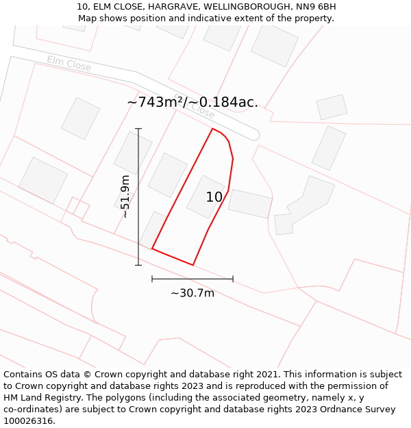 10, ELM CLOSE, HARGRAVE, WELLINGBOROUGH, NN9 6BH: Plot and title map