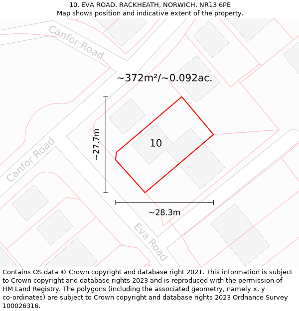 10, EVA ROAD, RACKHEATH, NORWICH, NR13 6PE: Plot and title map