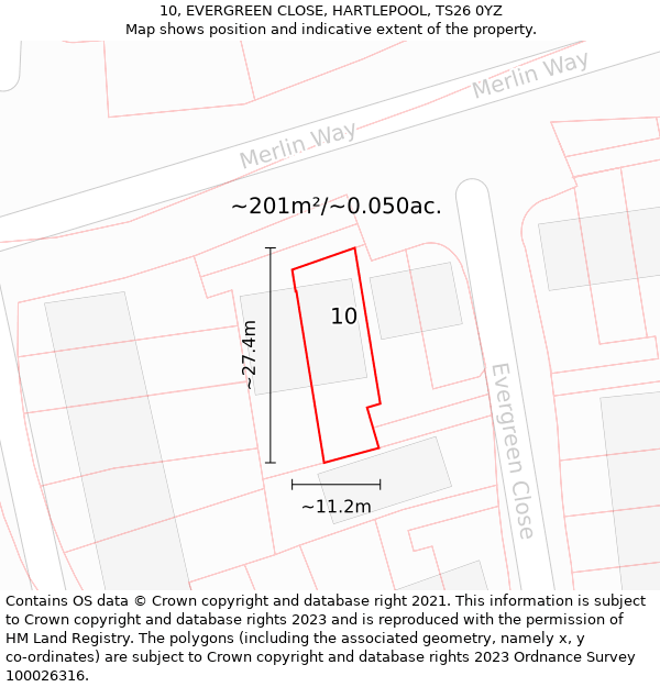 10, EVERGREEN CLOSE, HARTLEPOOL, TS26 0YZ: Plot and title map