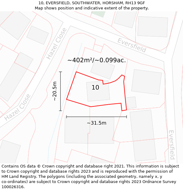 10, EVERSFIELD, SOUTHWATER, HORSHAM, RH13 9GF: Plot and title map