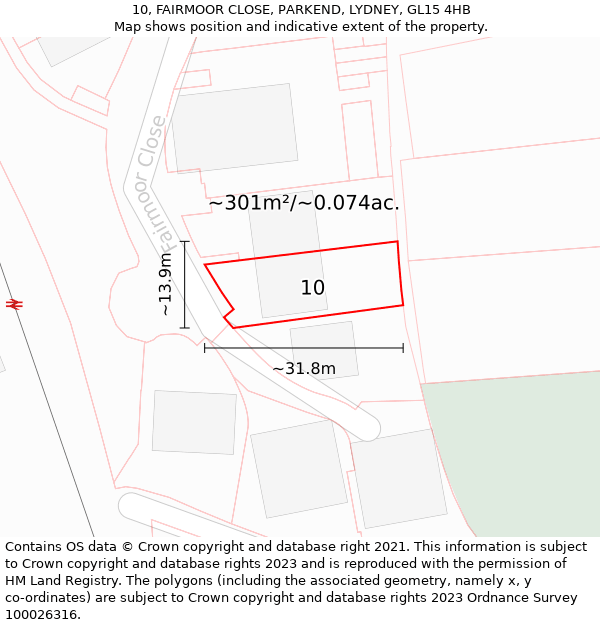 10, FAIRMOOR CLOSE, PARKEND, LYDNEY, GL15 4HB: Plot and title map