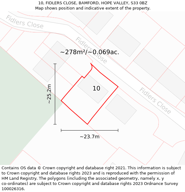 10, FIDLERS CLOSE, BAMFORD, HOPE VALLEY, S33 0BZ: Plot and title map