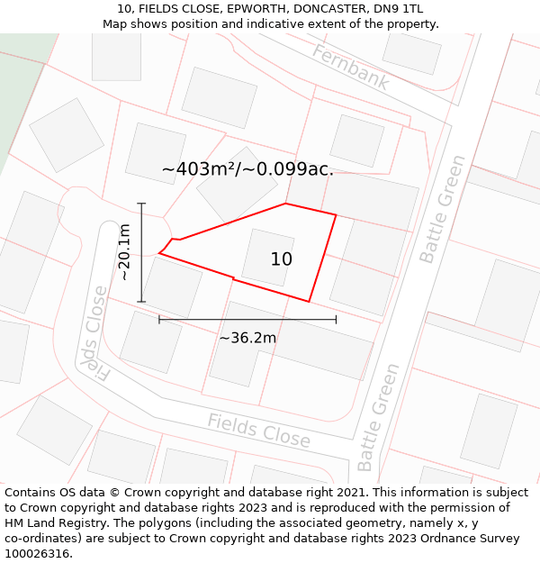 10, FIELDS CLOSE, EPWORTH, DONCASTER, DN9 1TL: Plot and title map