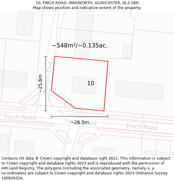 10, FINCH ROAD, INNSWORTH, GLOUCESTER, GL3 1BD: Plot and title map