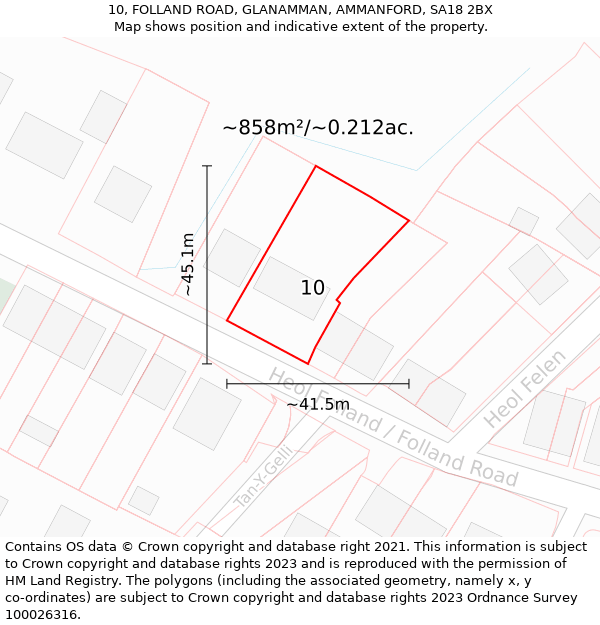 10, FOLLAND ROAD, GLANAMMAN, AMMANFORD, SA18 2BX: Plot and title map