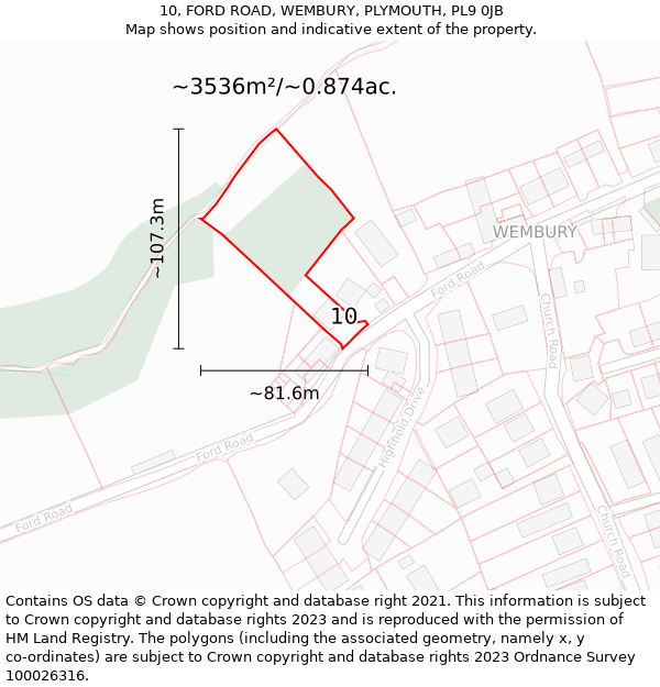 10, FORD ROAD, WEMBURY, PLYMOUTH, PL9 0JB: Plot and title map
