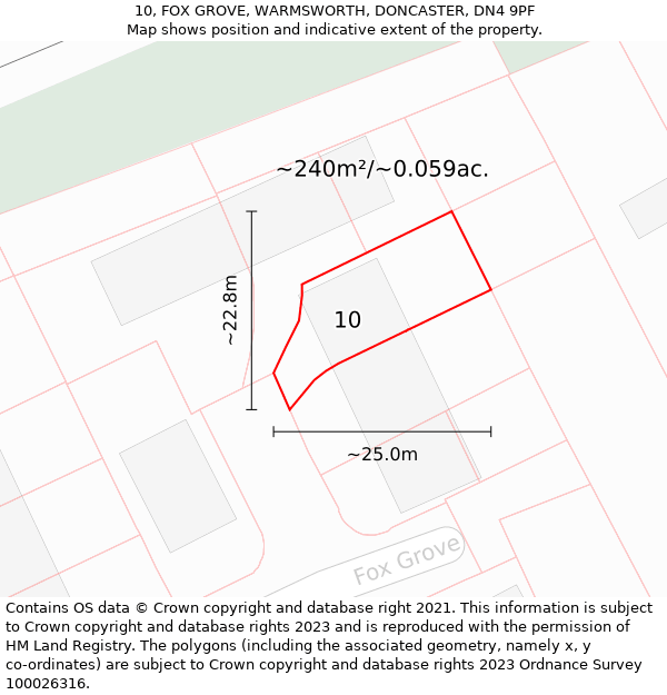 10, FOX GROVE, WARMSWORTH, DONCASTER, DN4 9PF: Plot and title map