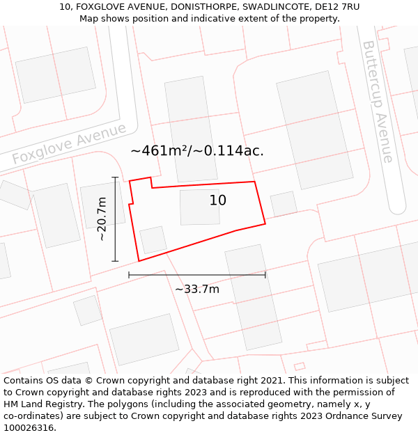 10, FOXGLOVE AVENUE, DONISTHORPE, SWADLINCOTE, DE12 7RU: Plot and title map