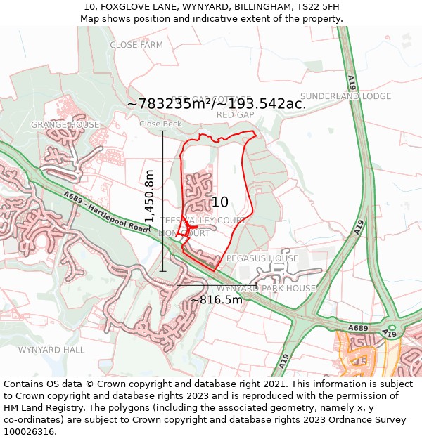 10, FOXGLOVE LANE, WYNYARD, BILLINGHAM, TS22 5FH: Plot and title map