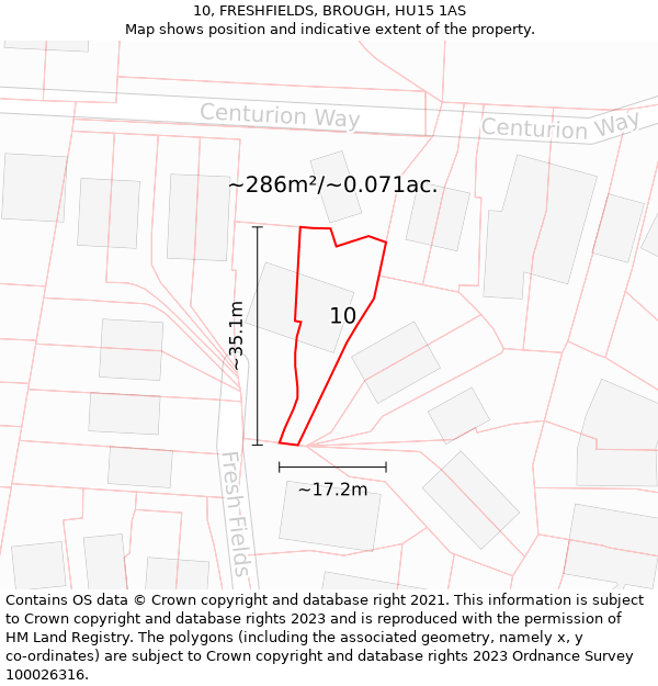 10, FRESHFIELDS, BROUGH, HU15 1AS: Plot and title map