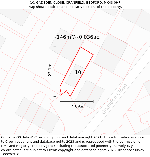 10, GADSDEN CLOSE, CRANFIELD, BEDFORD, MK43 0HF: Plot and title map