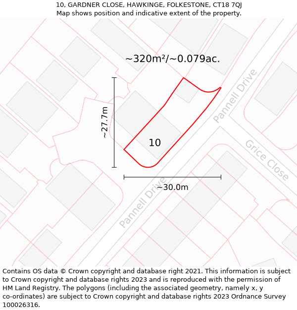 10, GARDNER CLOSE, HAWKINGE, FOLKESTONE, CT18 7QJ: Plot and title map