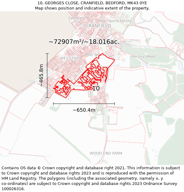 10, GEORGES CLOSE, CRANFIELD, BEDFORD, MK43 0YE: Plot and title map