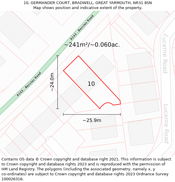 10, GERMANDER COURT, BRADWELL, GREAT YARMOUTH, NR31 8SN: Plot and title map