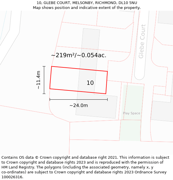 10, GLEBE COURT, MELSONBY, RICHMOND, DL10 5NU: Plot and title map