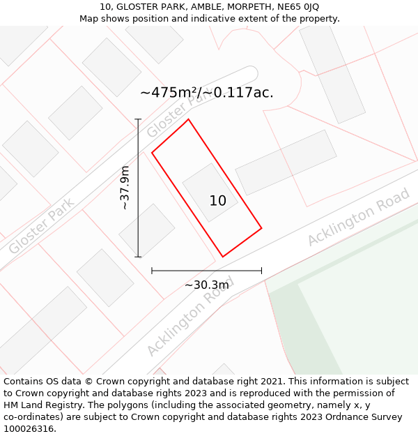 10, GLOSTER PARK, AMBLE, MORPETH, NE65 0JQ: Plot and title map