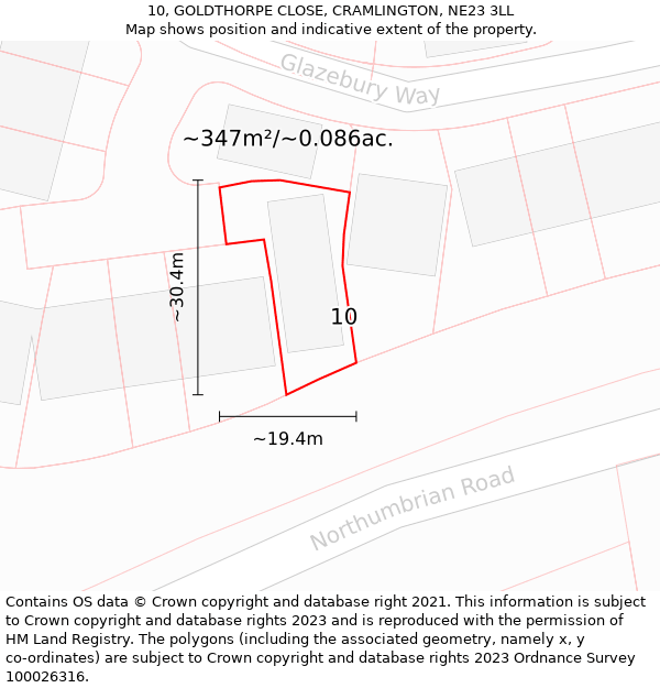 10, GOLDTHORPE CLOSE, CRAMLINGTON, NE23 3LL: Plot and title map