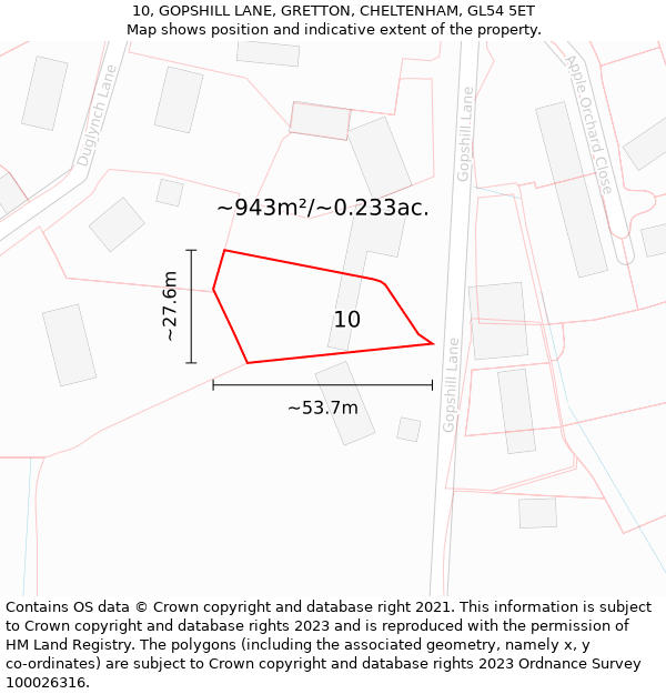 10, GOPSHILL LANE, GRETTON, CHELTENHAM, GL54 5ET: Plot and title map