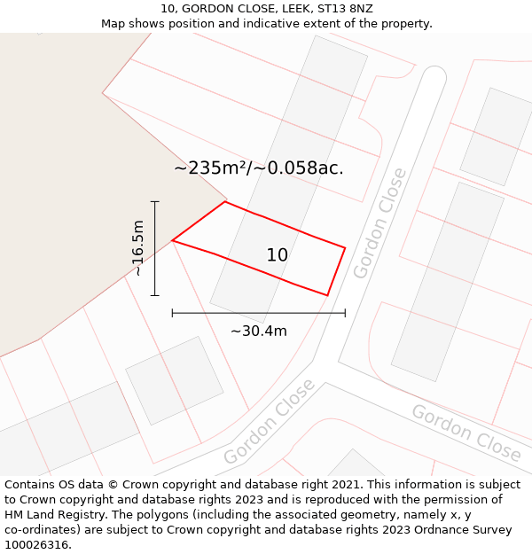 10, GORDON CLOSE, LEEK, ST13 8NZ: Plot and title map