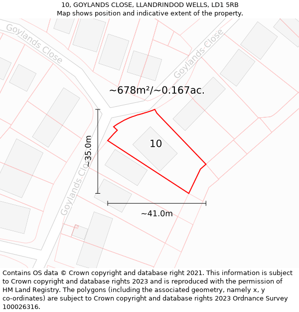 10, GOYLANDS CLOSE, LLANDRINDOD WELLS, LD1 5RB: Plot and title map